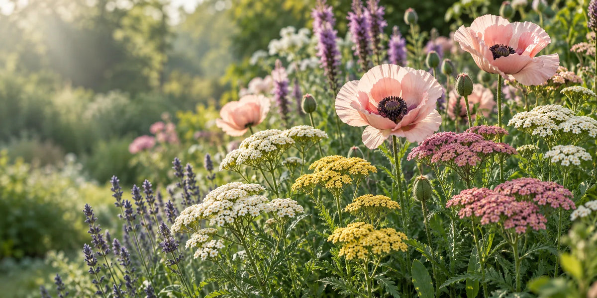 Pink poppies, colorful yarrow and purple flower spikes in a sunlit garden