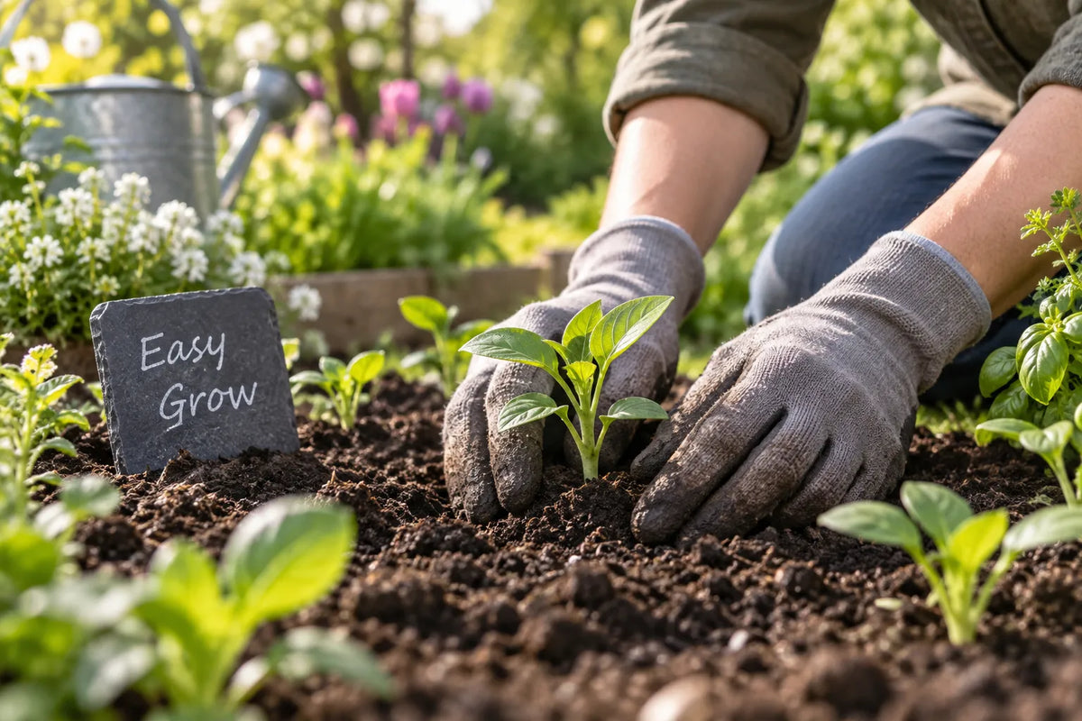 Planting young seedlings in a sunny garden