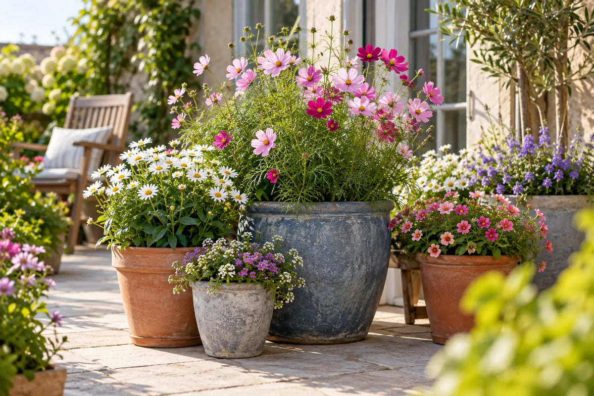 Flowering pots on a sunny patio