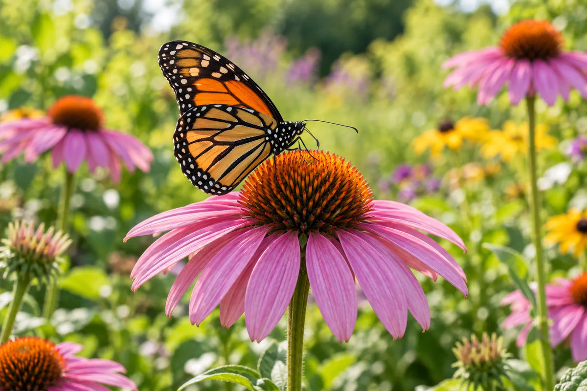 A butterfly visiting a coneflower